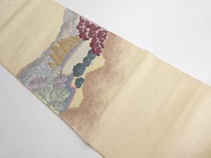 リサイクル　手織り紬遠山・樹木風景模様織出し名古屋帯